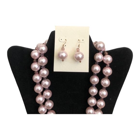 Handmade Light Pink Pearl Like Beads Long Necklace Matching Dangle Earrings Set - Picture 5 of 10